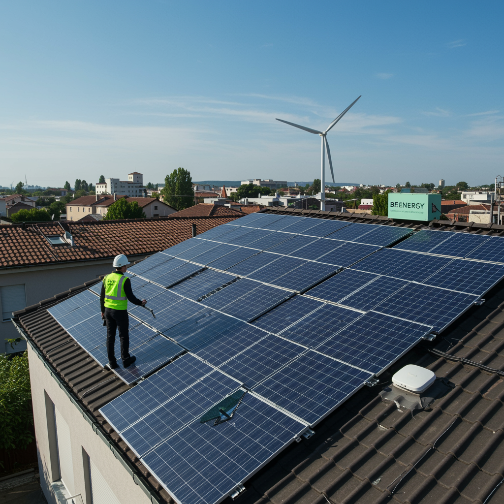 "Imagen fotorealista de un moderno techo transformado en fuente de energía renovable con paneles solares, resaltando la integración de tecnología avanzada en entornos residenciales e industriales."