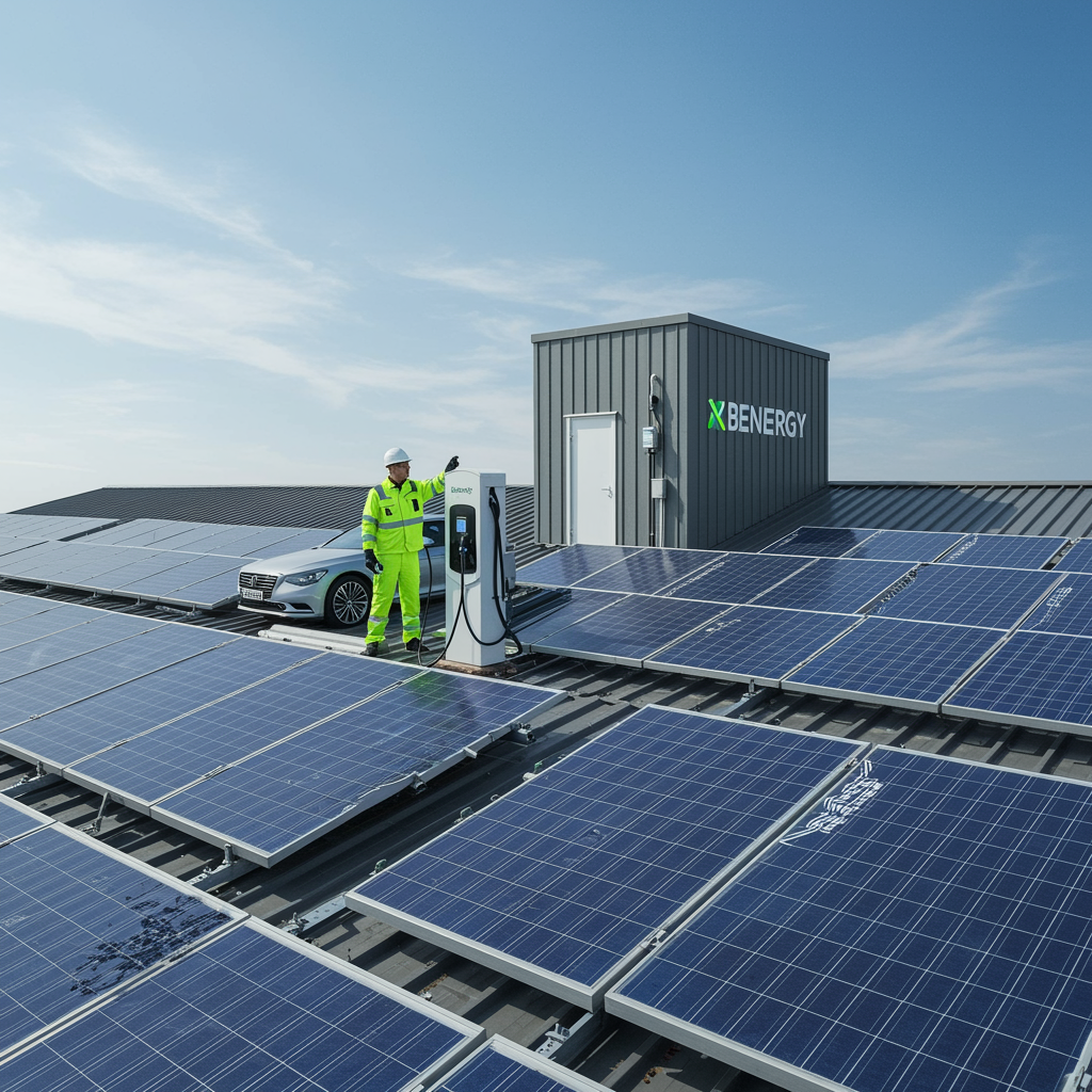 "Instalación moderna de paneles solares de alta eficiencia y estación de carga para vehículos eléctricos en un día soleado, simbolizando el compromiso de BEENERGY con la energía renovable y la sostenibilidad."